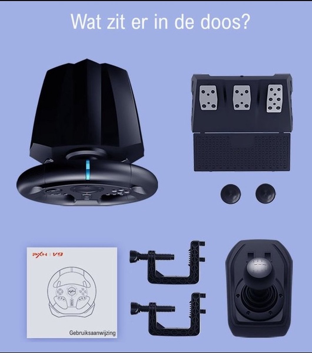 Componenten van het gaming stuur: stuur, pedalen, versnelling, klemmen en handleiding op een blauwe achtergrond. De tekst zegt 'Wat zit er in de doos?'