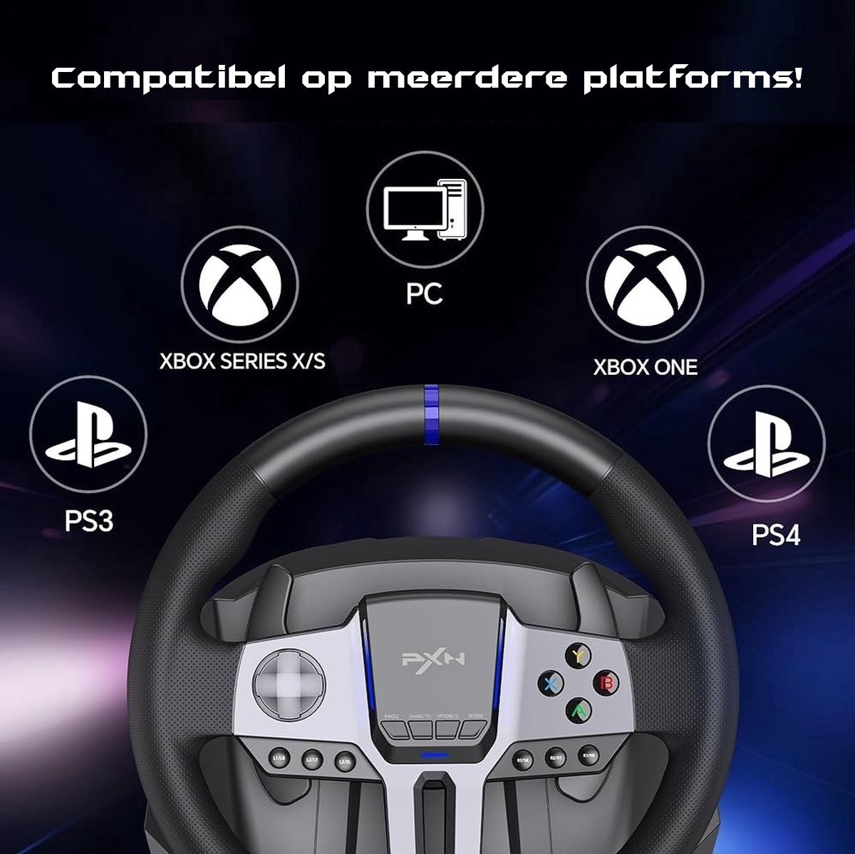 Gaming-Lenkrad, kompatibel mit mehreren Plattformen, einschließlich PC, Xbox und Playstation-Konsolen, mit Tastensteuerung.
