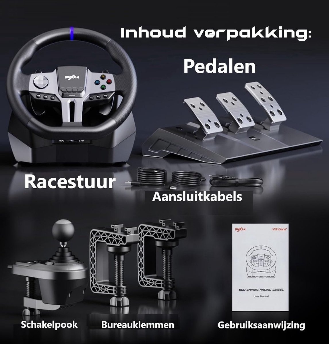Gaming-Lenkrad-Set mit Pedalen, Kabeln, Schalthebel, Klemmen und Handbuch. Komponenten sind auf Niederländisch beschriftet.