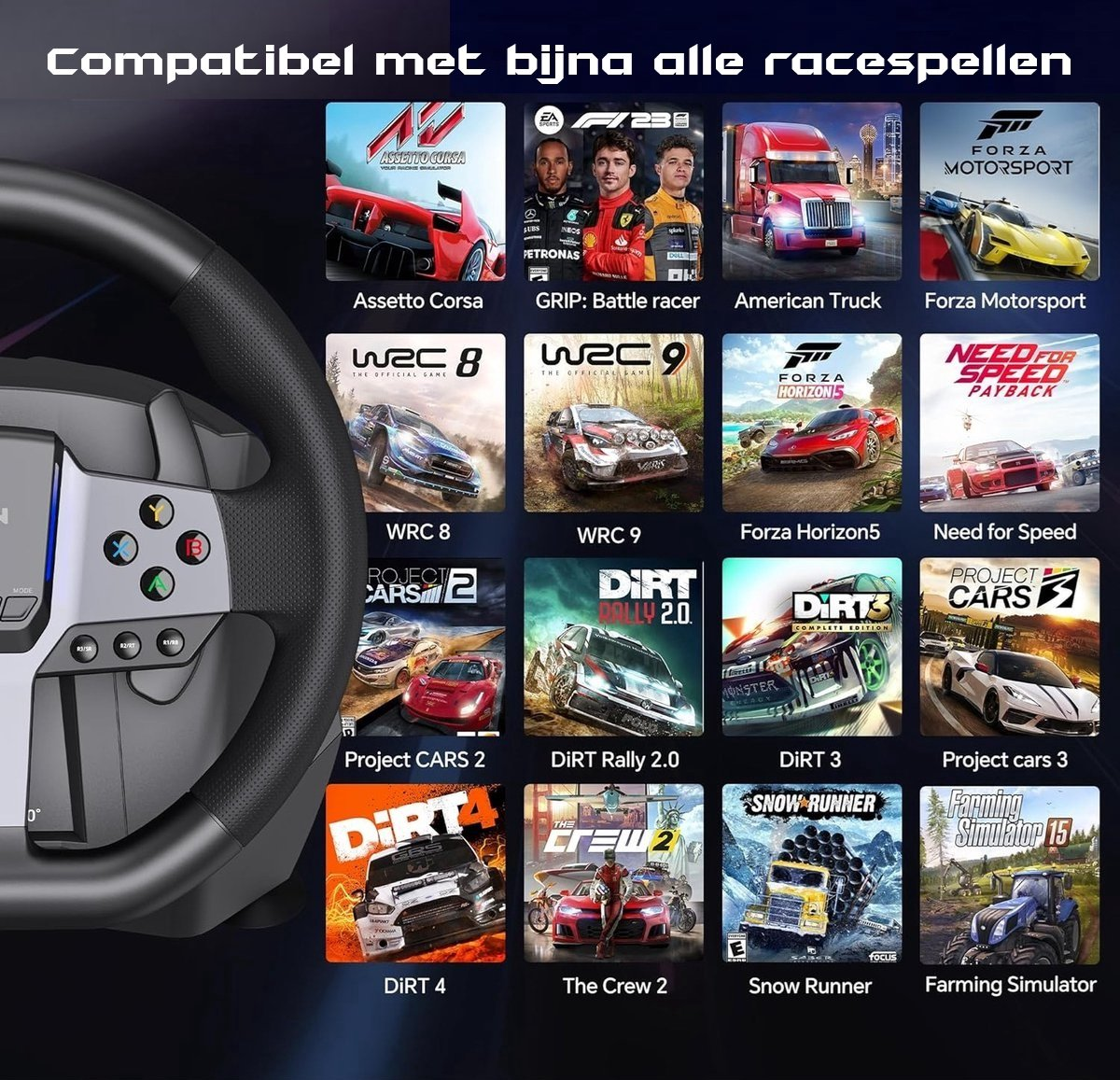 Lenkrad mit Spielecovern, darunter Forza, WRC und Need for Speed. Text: Compatibel met bijna alle racespellen.