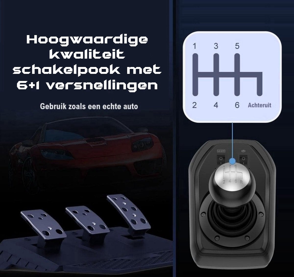 Das Bild zeigt einen Autoschaltknüppel mit einem Diagramm. Auch Pedale und eine Autosilhouette im Hintergrund sind sichtbar.
