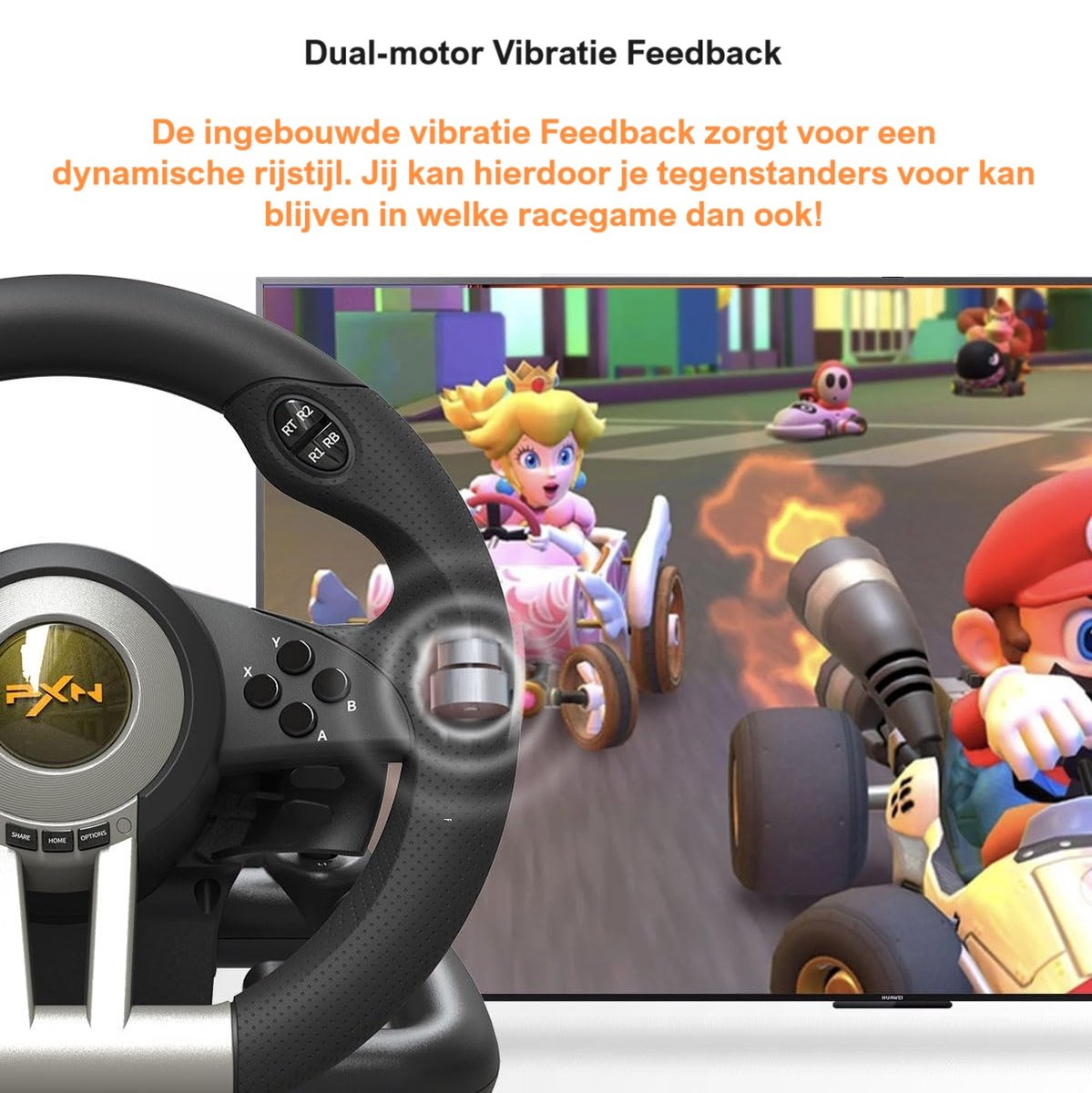 Un volant de course avec un écran de jeu montrant une scène de course de kart. La princesse Peach et Mario sont visibles.