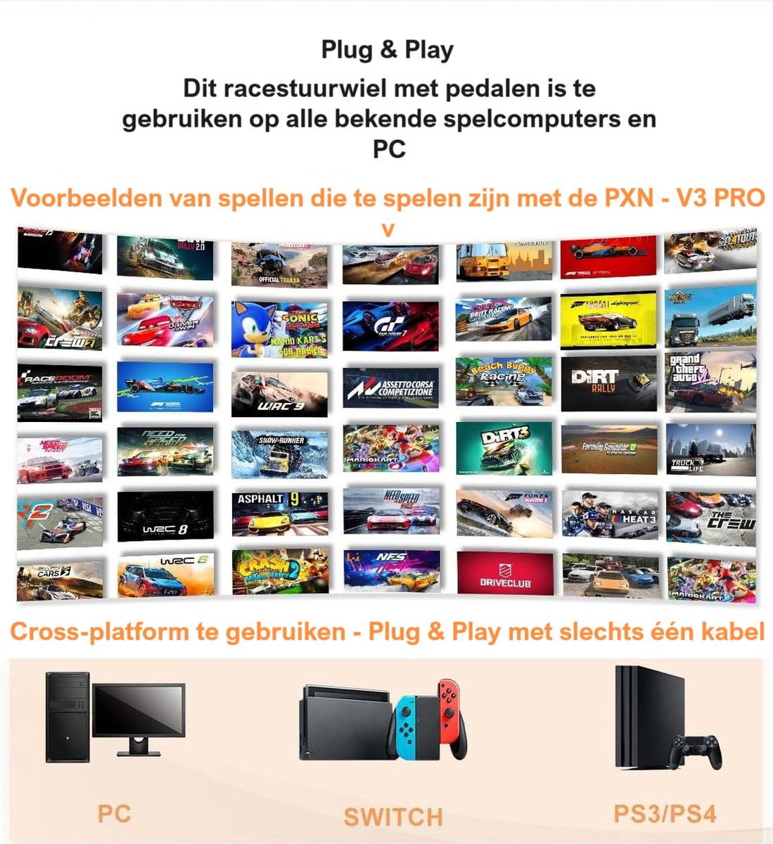 L'image montre un volant de course avec pédales, des exemples de jeux et des consoles comme PC, Switch et PS3/PS4.