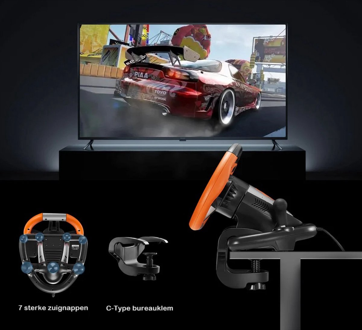 L'image montre une configuration de jeu de course. Un téléviseur affiche une voiture de course. Trois équipements de jeu sont présentés, dont des volants.
