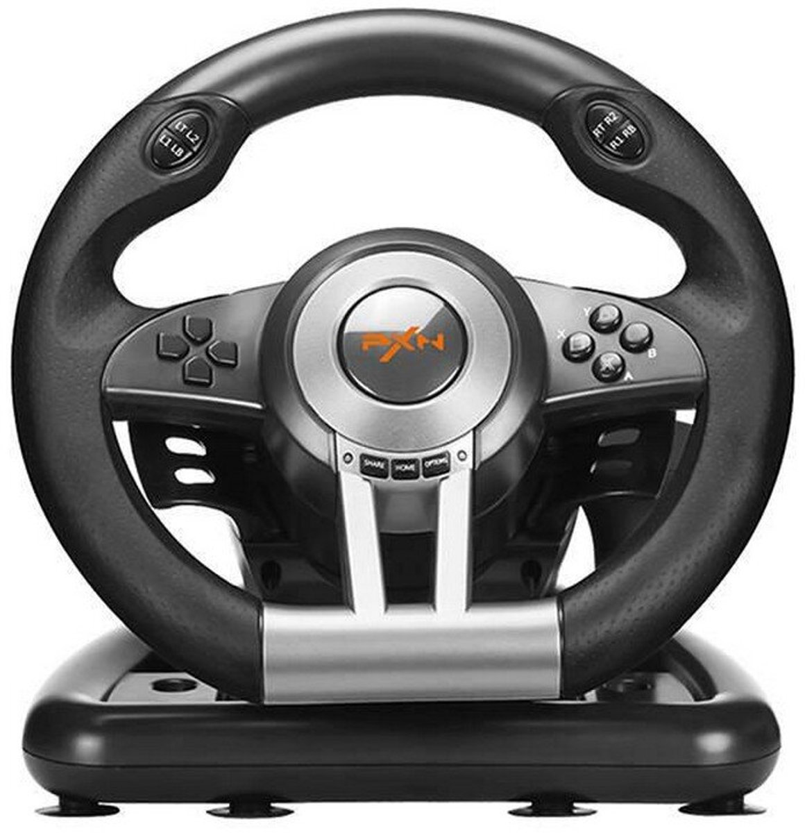 A black and silver gaming steering wheel with buttons and the PXN logo. It is mounted on a black base.