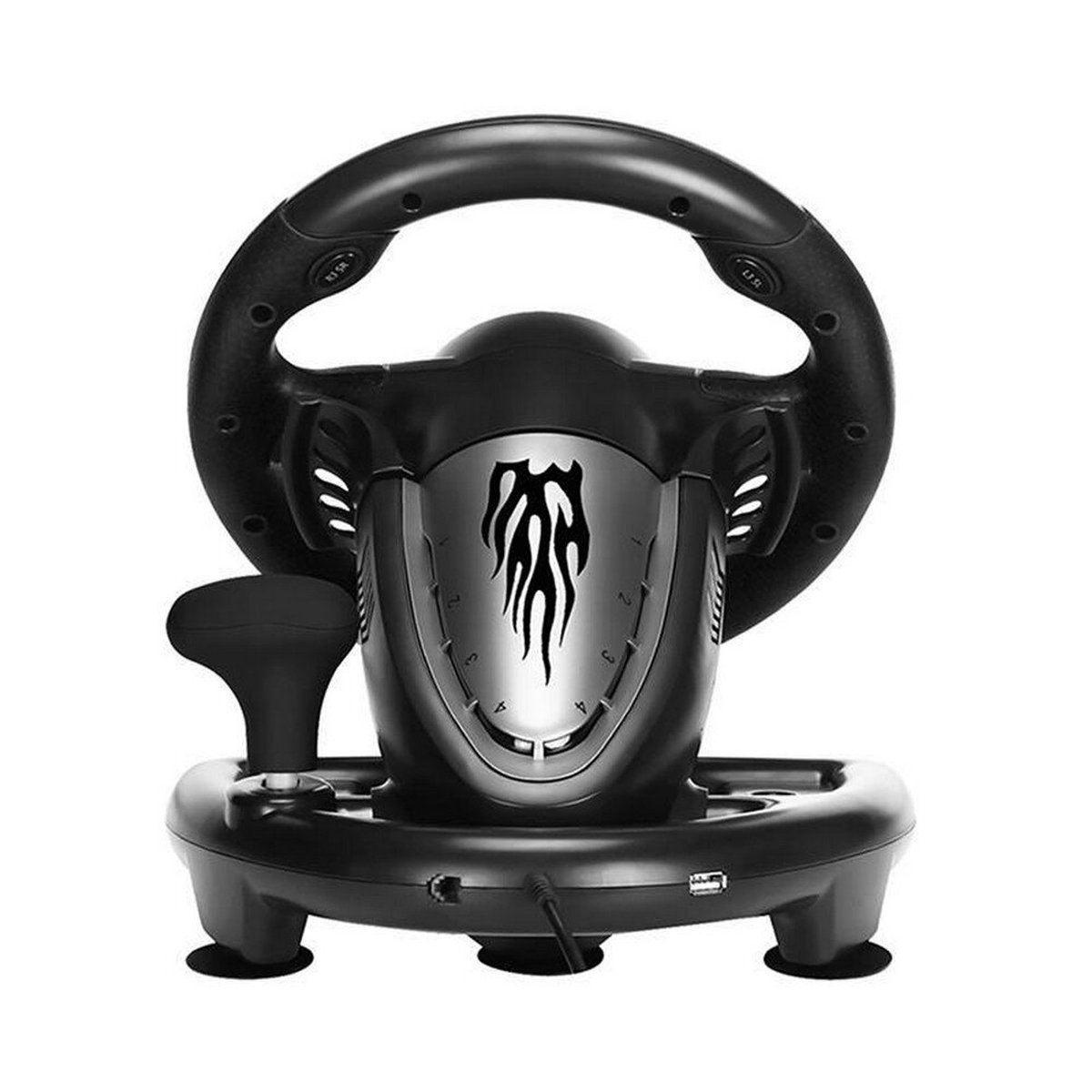Un volant de jeu noir avec un centre argenté. Il possède des boutons, un levier de vitesse et un motif de flamme. Le volant repose sur une base noire.