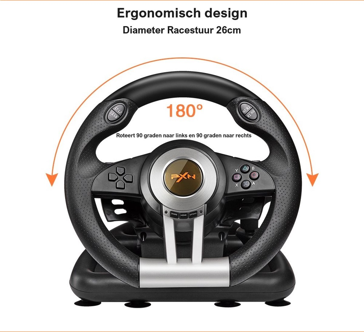 Un volant de jeu noir avec des boutons et un disque central doré. Texte : Design ergonomique, rotation à 180 degrés, diamètre 26 cm.