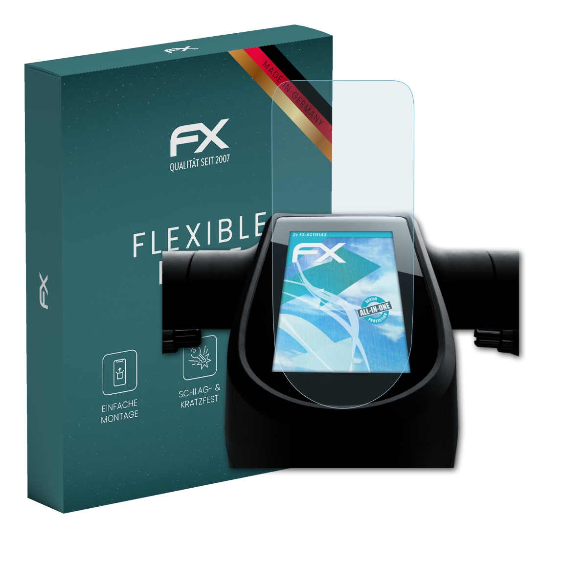 Ein Displayschutz-Kit mit Smartwatch und Verpackung. Die Box hat 'FX' und 'Flexible' Text. Die Uhr hat den Displayschutz.