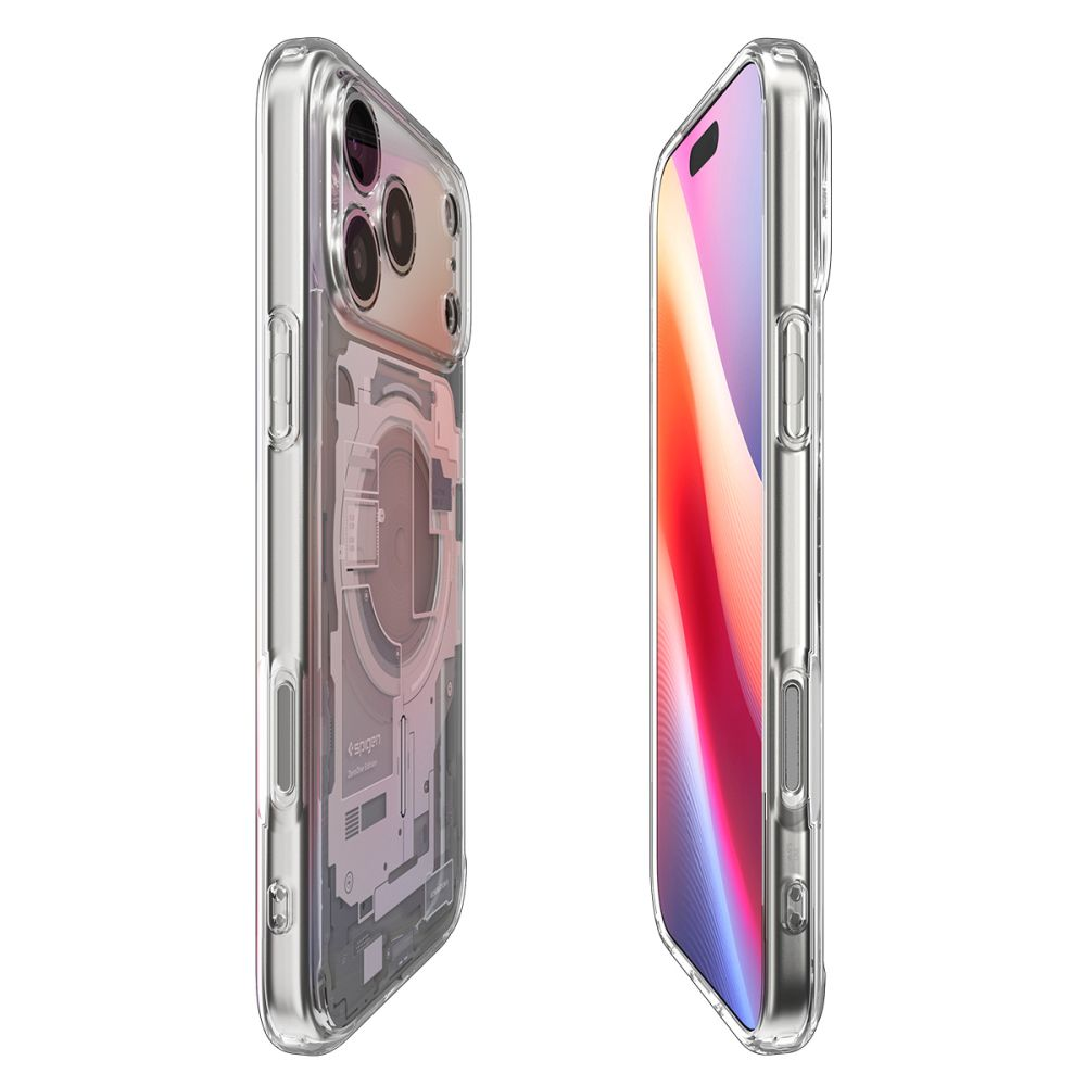 Due custodie trasparenti per telefono, una che mostra i componenti interni del telefono e l'altra con un display colorato.