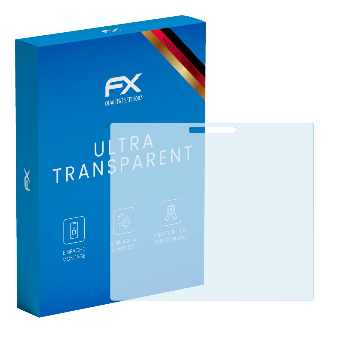 Eine blaue Schachtel mit einem Displayschutz daneben. Auf der Schachtel steht 'ULTRA TRANSPARENT' und 'MADE IN GERMANY'.