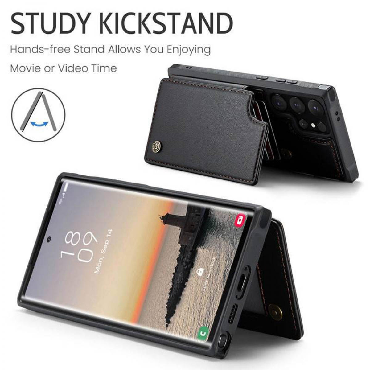 Eine Handyhülle mit Ständerfunktion. Das Telefon zeigt eine Meereslandschaft. Die Hülle ist schwarz und hat einen Kartenhalter. Der Text lautet 'Study Kickstand'.