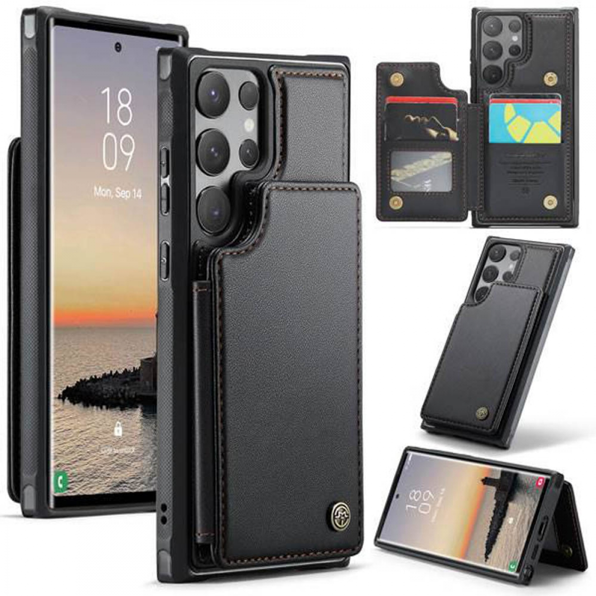 Schwarze Handyhülle mit Kartenhalter. Zeigt ein Telefon mit Datum und Landschaft. Mehrere Blickwinkel.