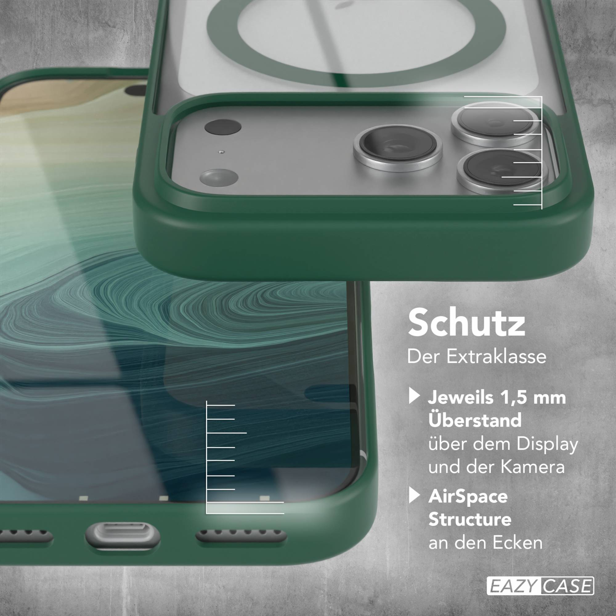 Grüne Handyhülle, teilweise transparent, mit Telefon. Text: Schutz, 1,5 mm Überstand, AirSpace Structure. Grauer Hintergrund.
