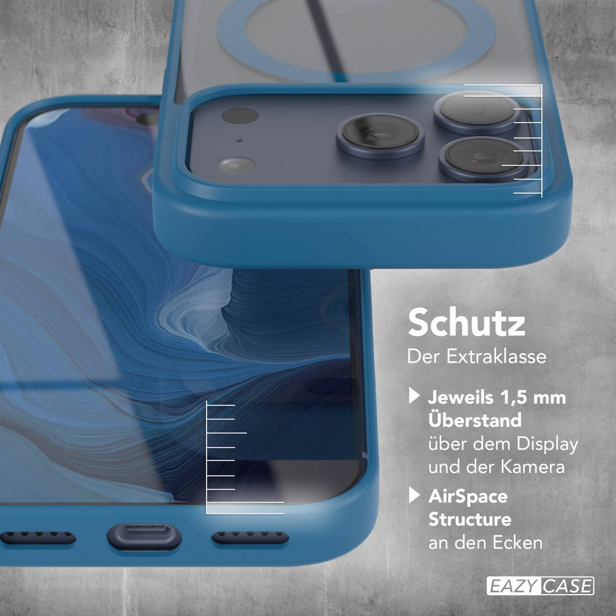 Eine Handyhülle, blauer Rahmen, durchsichtige Rückseite, mit Kameraausschnitten. Text: 1,5mm Displayschutz und Airspace-Struktur.