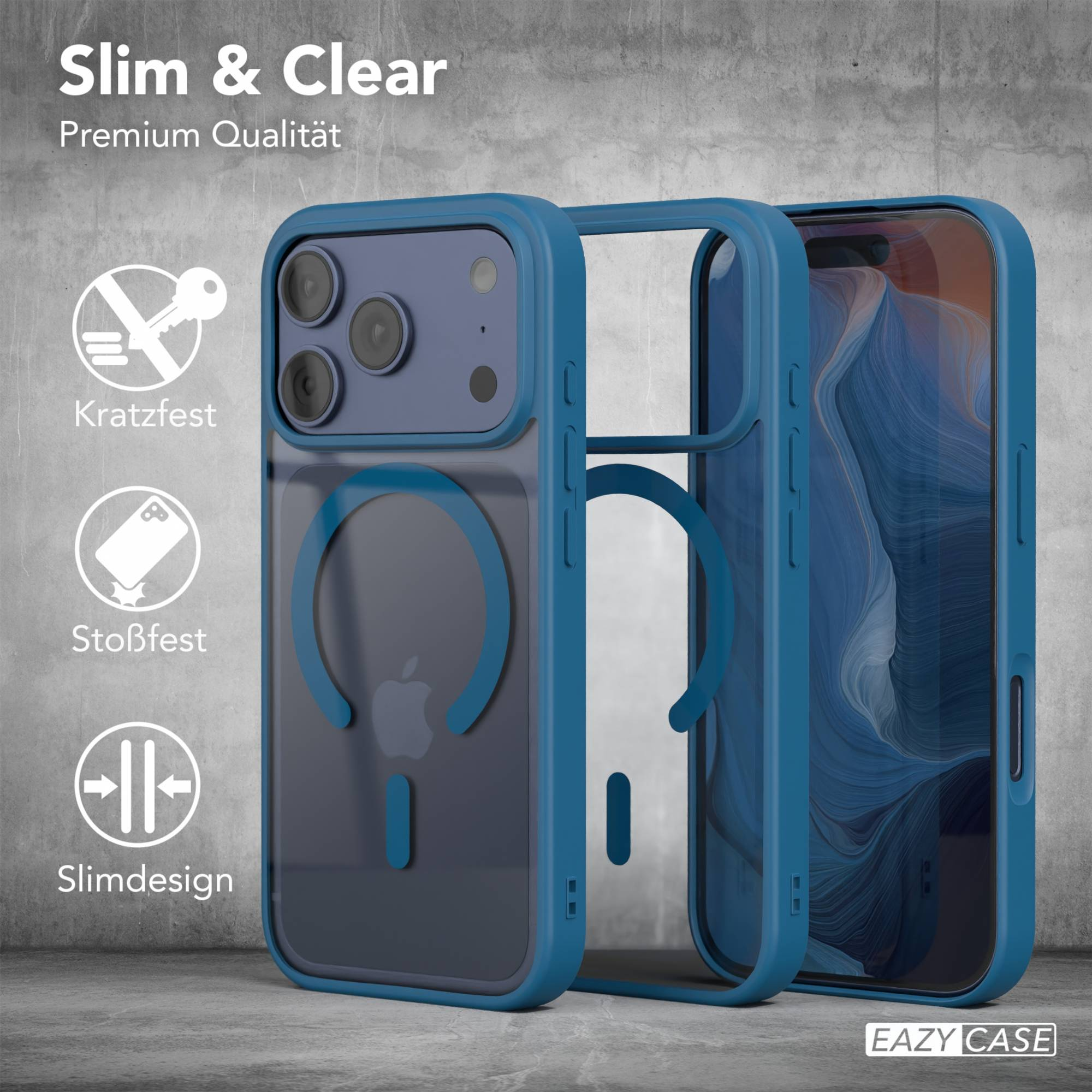Ein Handycase mit blauem Rahmen und transparentem Rücken wird neben einem anderen Case und einem iPhone gezeigt. Text links.