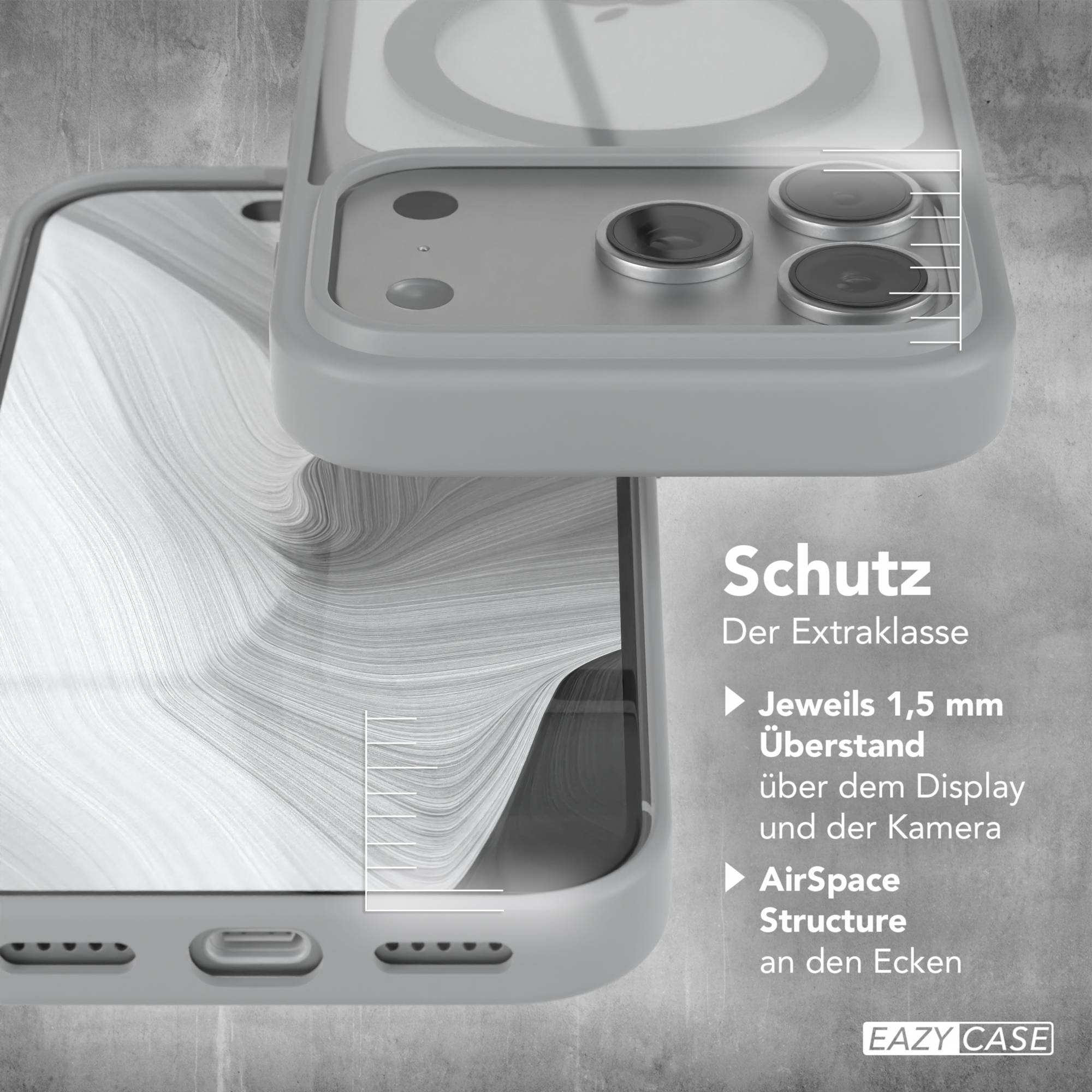 Gezeigte Handyhülle mit Kameradetails und Markenname. Text hebt Funktionen und Schutz hervor.