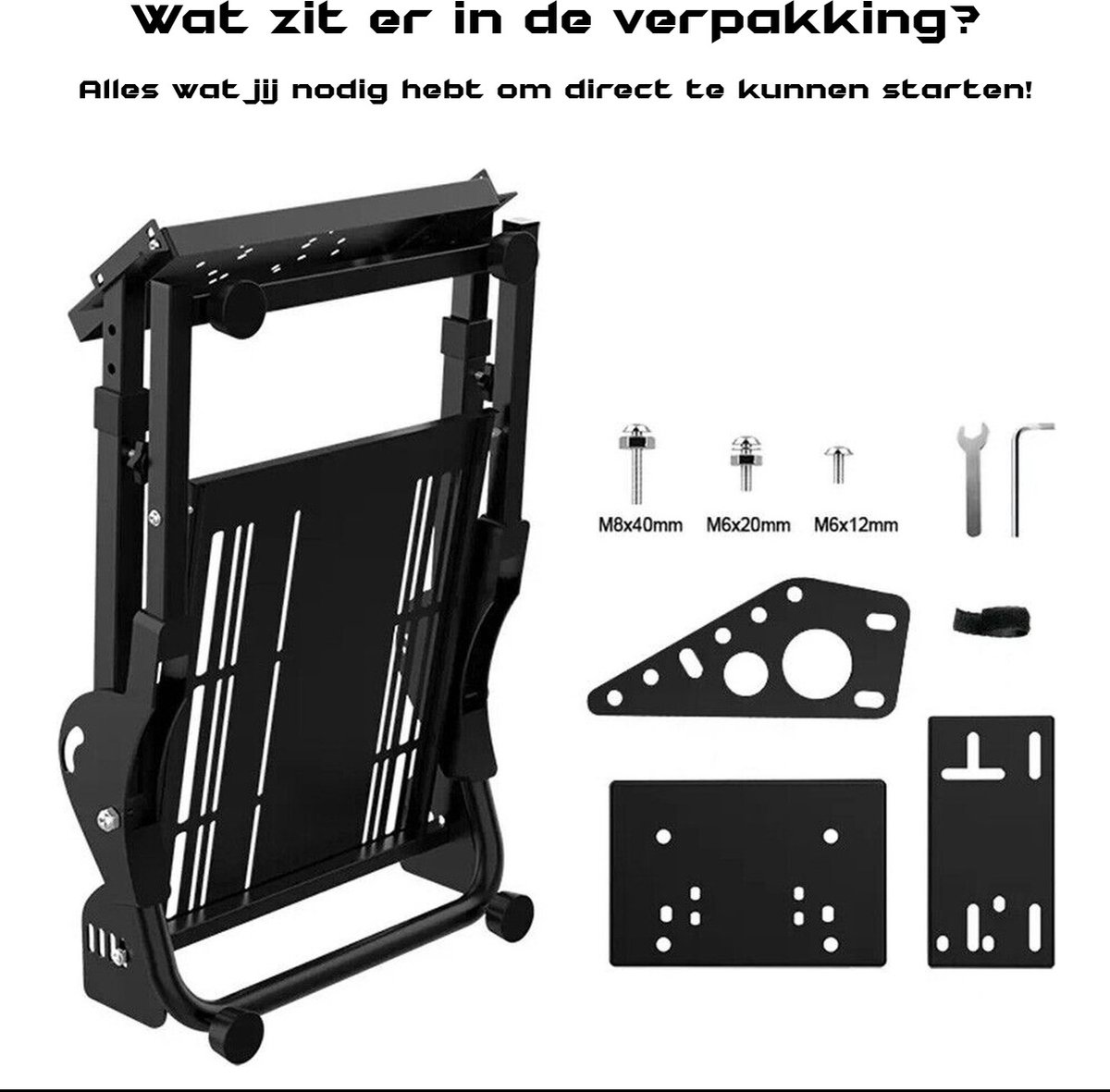 A black racing seat frame with screws, wrenches, and mounting plates is displayed. Text above says 'What's in the box?'