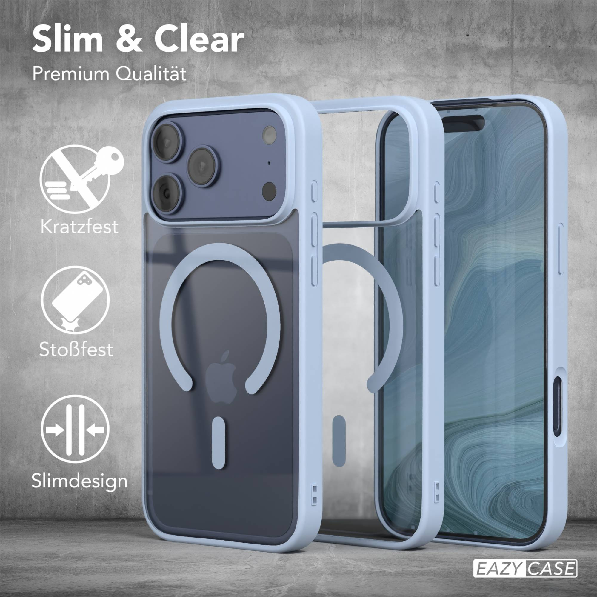 Eine Handyhülle wird angezeigt und zeigt ihr Design und ihre Eigenschaften. Sie ist hellblau und klar, mit dem Telefon darin.
