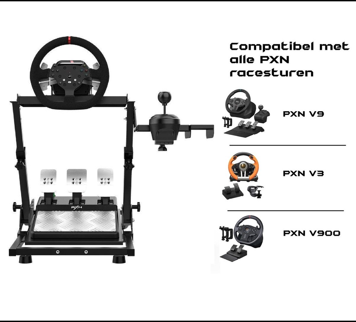 A racing wheel setup with pedals, gearshift and three different racing wheels shown. Text says 'Compatible with all PXN racing wheels'.