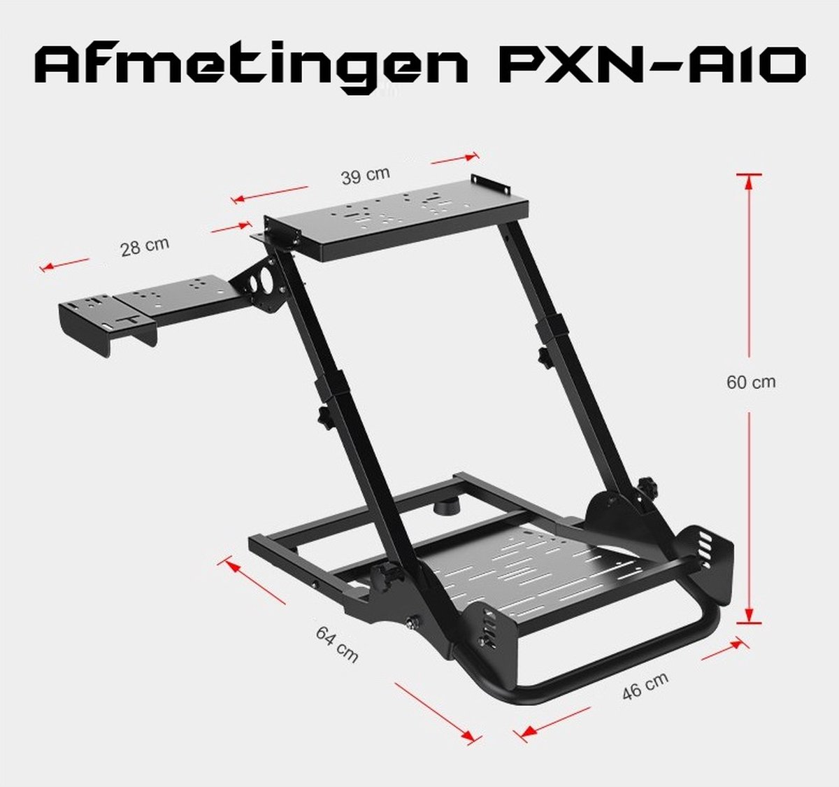 Black gaming chair frame with dimensions labeled. Includes seat, support for peripherals, and adjustable legs. Measurements are provided.