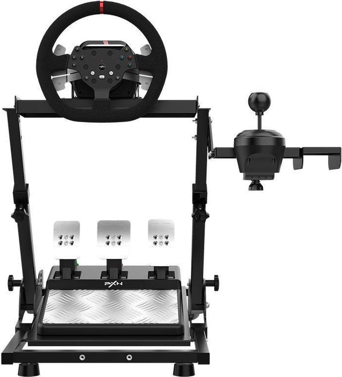 A racing simulator setup with a steering wheel, pedals, and gear shift, all mounted on a black metal frame.