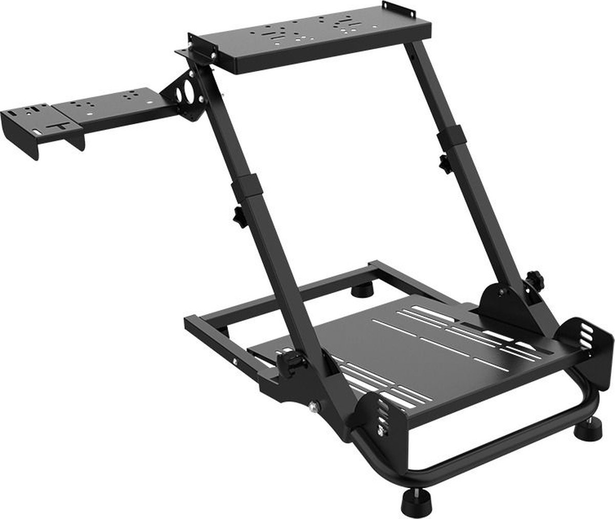 A black metal racing simulator cockpit frame. It has platforms for a steering wheel, pedals, and a seat. It is on a white background.