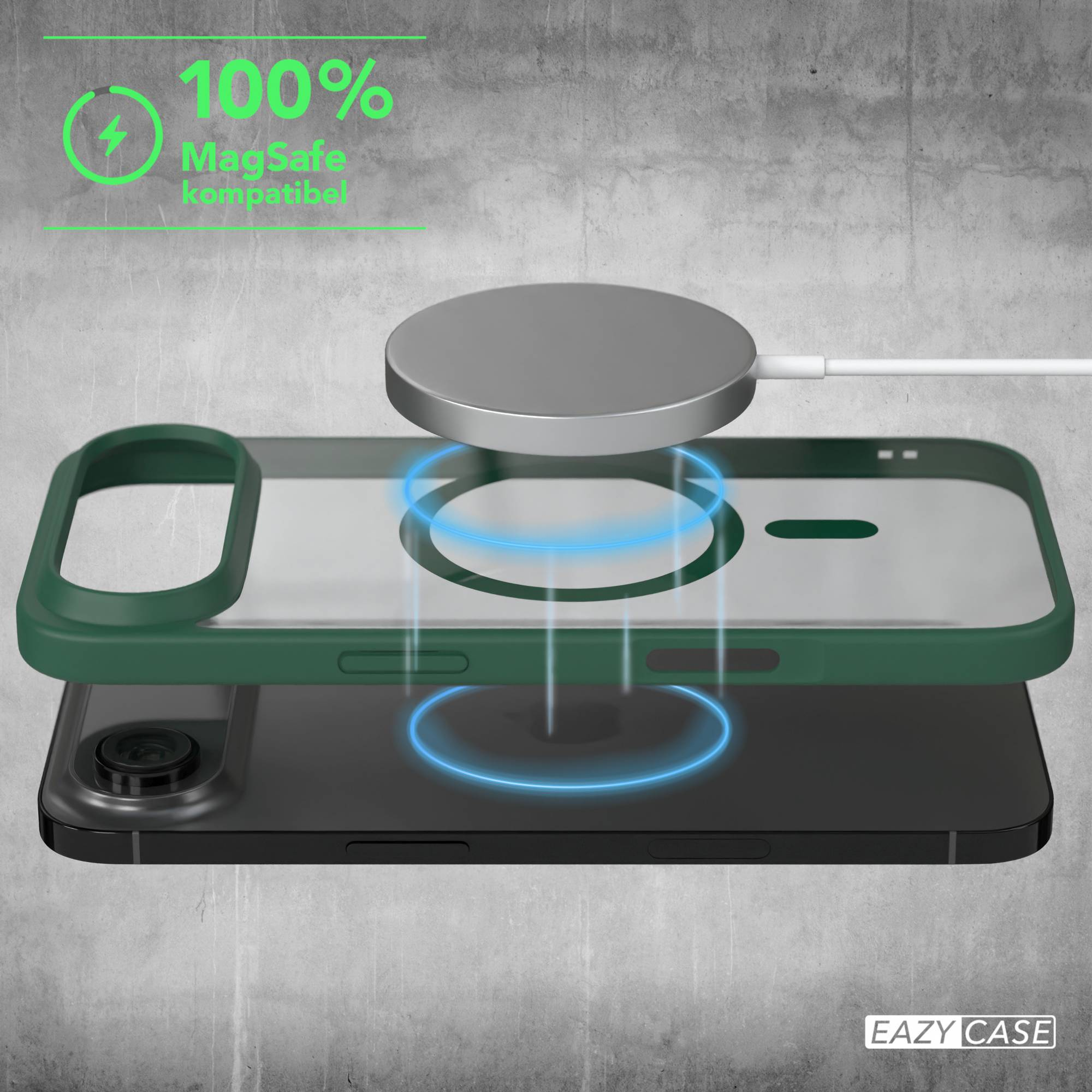 Eine Handyhülle mit MagSafe-Ladegerät. Grüne Hülle, schwarzes Telefon, graues Ladegerät und 100 % Ladeanzeige.
