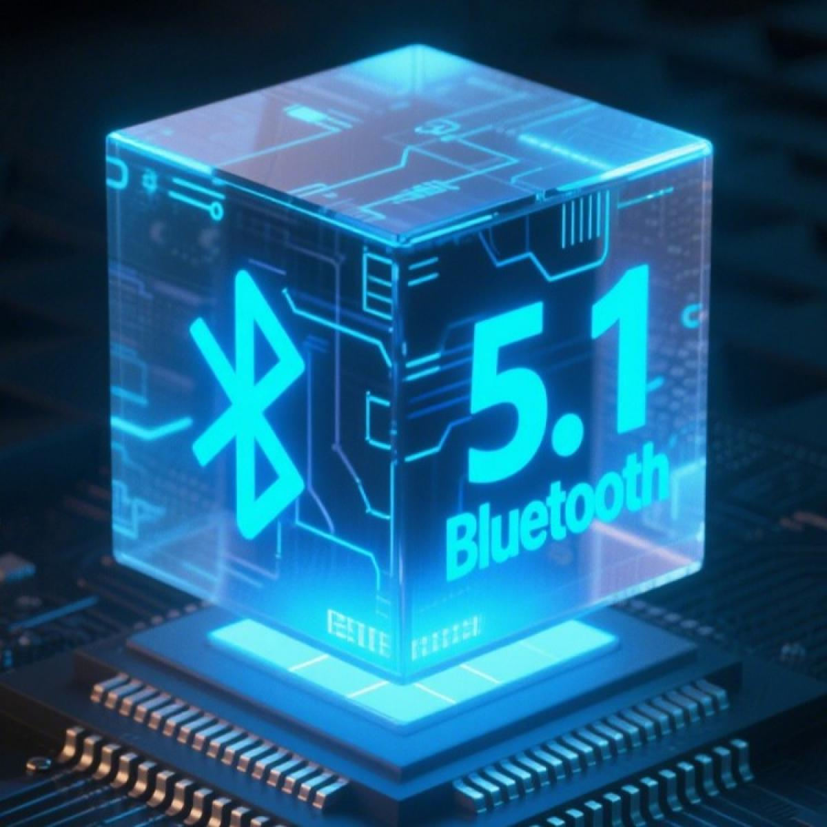 Ein blau leuchtender Würfel mit Bluetooth-Symbol und Text '5.1 Bluetooth' sitzt auf einer Platine. Der Würfel ist transparent.