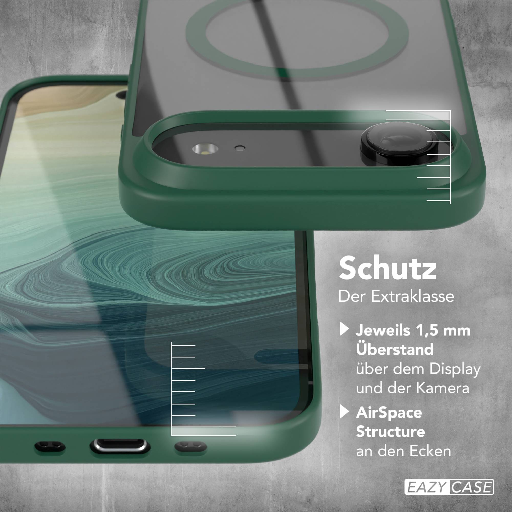 Grüne Handyhülle mit klarer Rückseite. Kamera und Telefonkante sind sichtbar. Der Hintergrund ist eine strukturierte graue Wand.