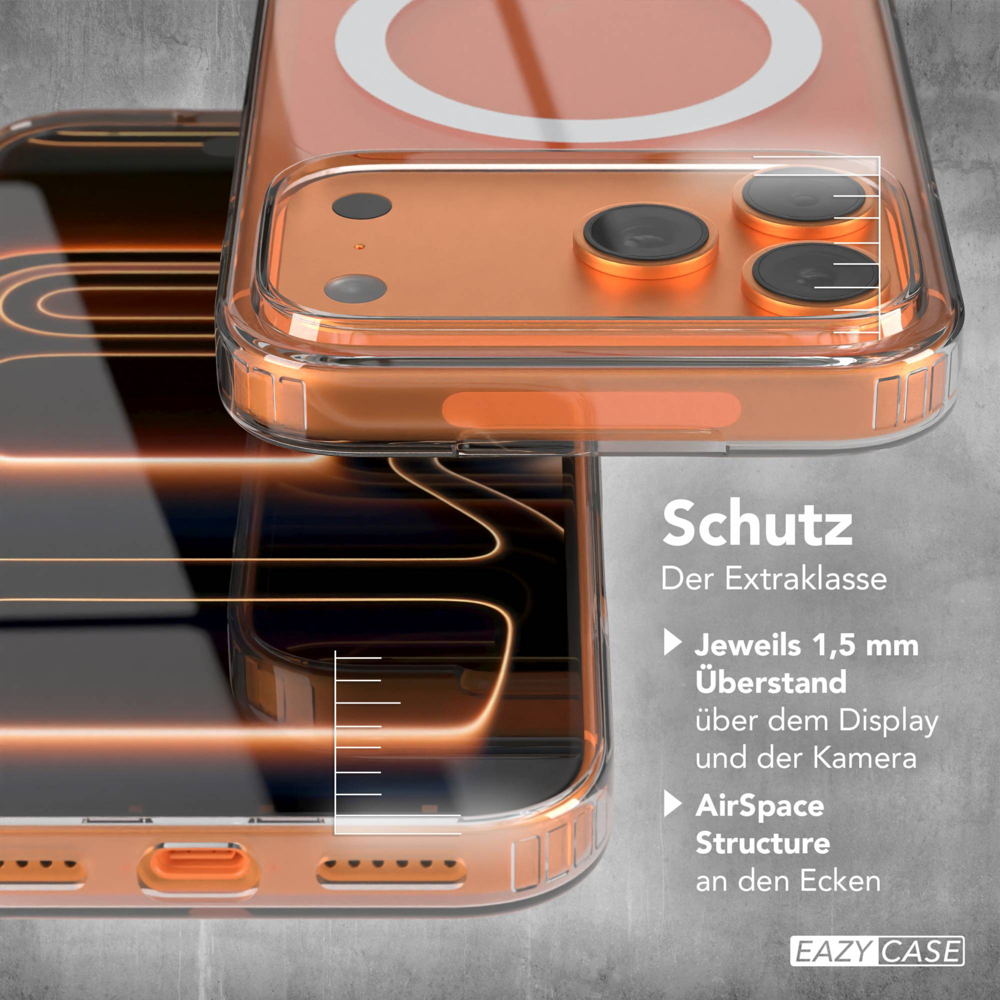 Eine orangefarbene und transparente Handyhülle auf grauem Hintergrund. Sie hat einen Kameraausschnitt und Schutzdetails.