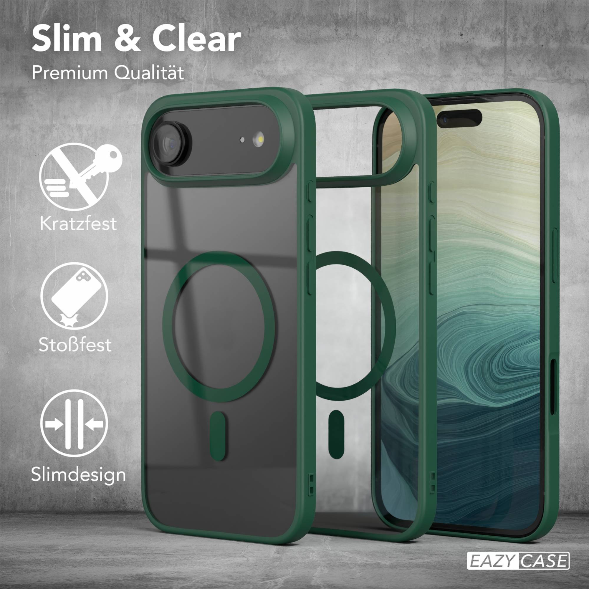 Drei Handyhüllen: grüner Rahmen, transparente Rückseite und ein Telefon. Text: Schlank & Klar, Kratzfest, Stoßfest, Slimdesign.