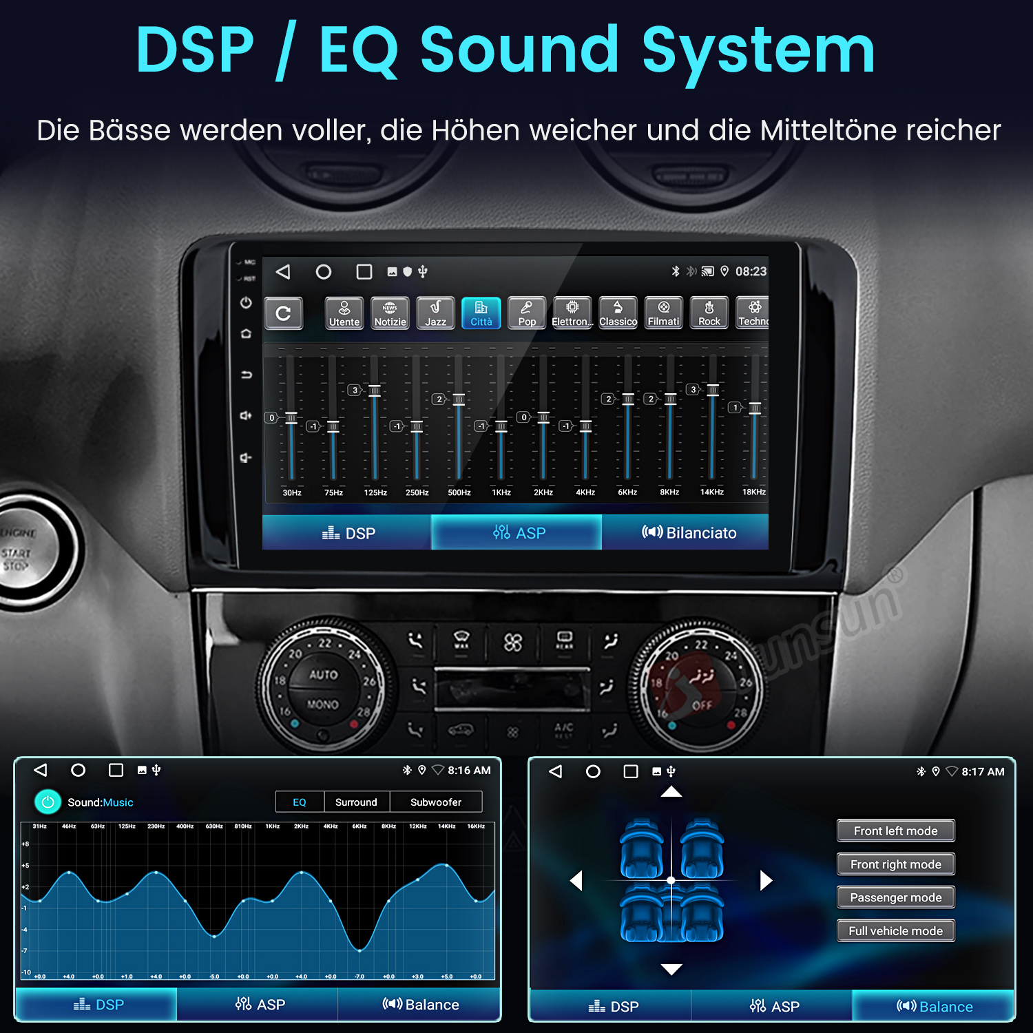 Auto-Audiosystem-Oberfläche mit Equalizer, Surround- und Subwoofer-Steuerung. Anzeige zeigt Klangeinstellungen.