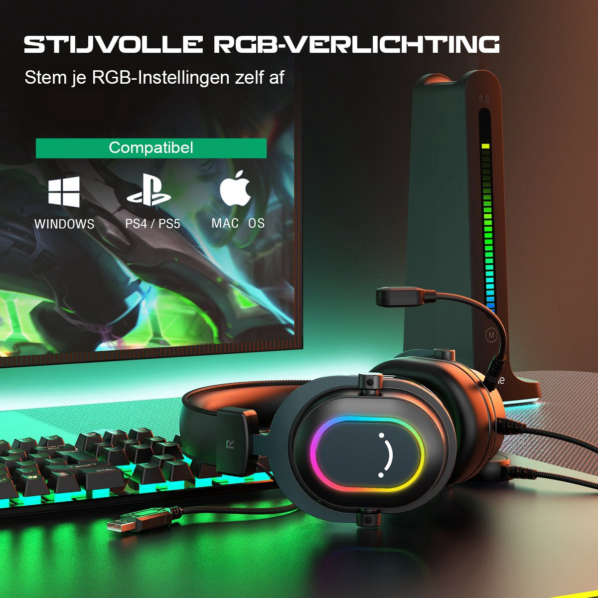 Hoofdtelefoon met kleurrijke lichten, toetsenbord en monitor. Tekst: 'Stijlvolle RGB-verlichting' en compatibiliteit met Windows, PS4/PS5 en Mac.