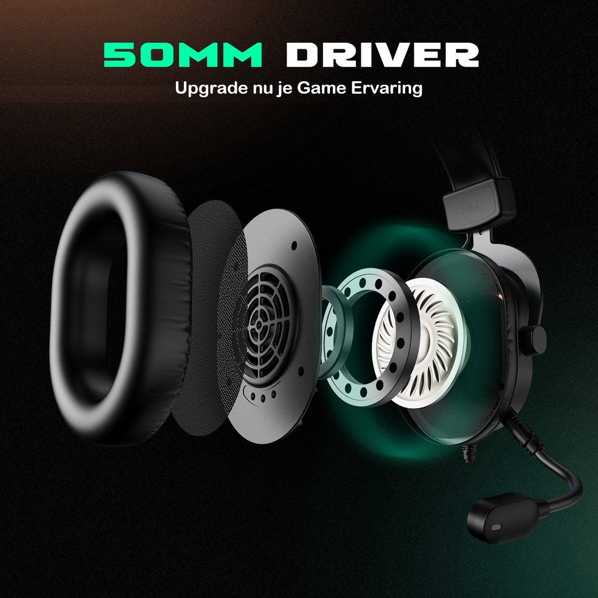 Ontplofte weergave van een zwarte gamingheadset met 50 mm driver. Onderdelen zijn oorschelpen, mesh en interne luidsprekeronderdelen.