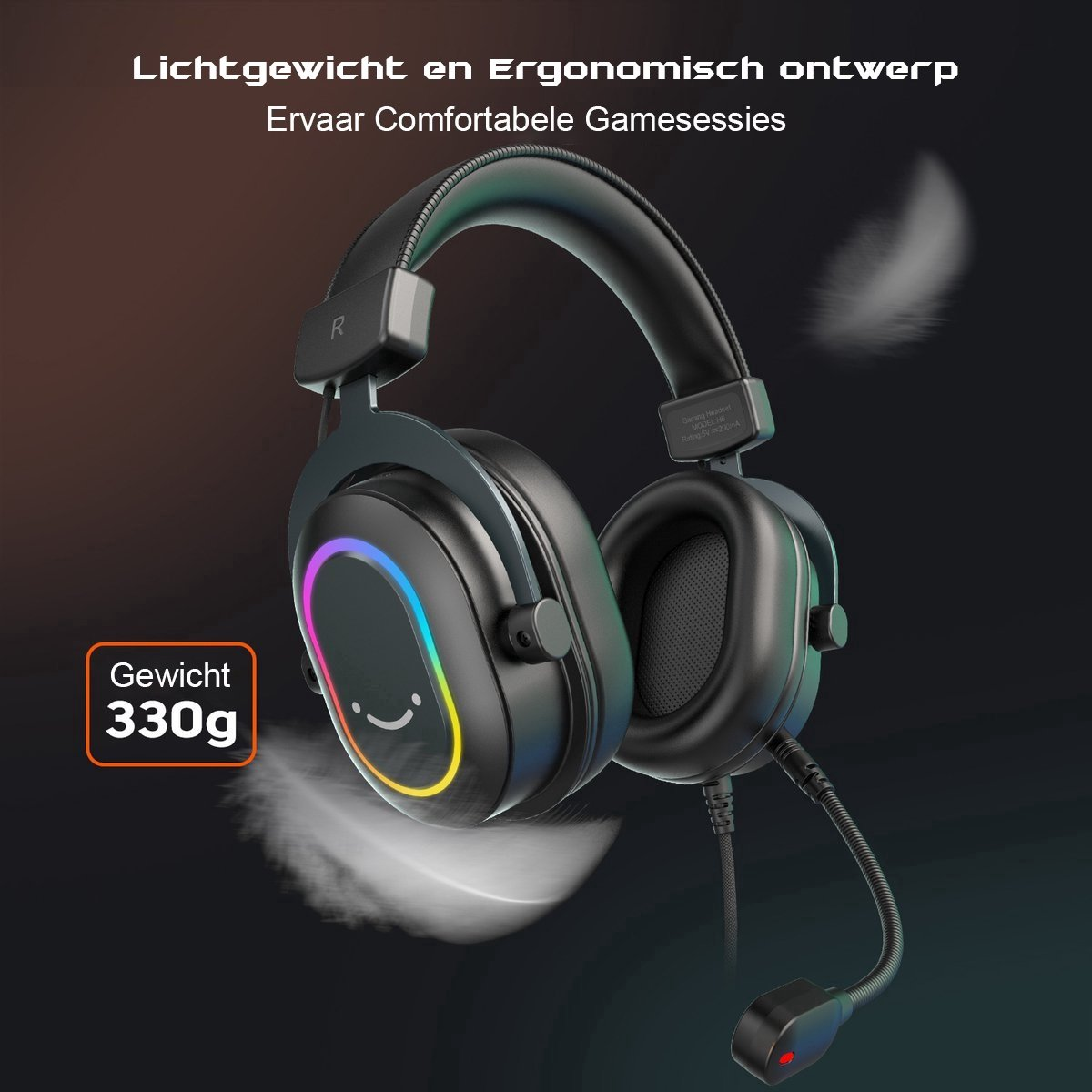 Zwarte gaming headset met RGB-verlichting. Een gewichtsindicator toont 330g. Tekst luidt 'Lichtgewicht en Ergonomisch ontwerp'.