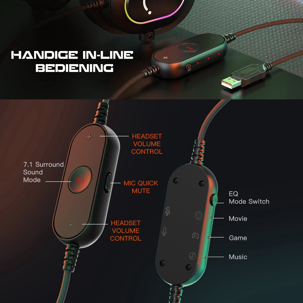 Een close-up van een bedieningspaneel van een gamingheadset. Het heeft knoppen voor volume, dempen en geluidsmodus, samen met een USB-kabel.