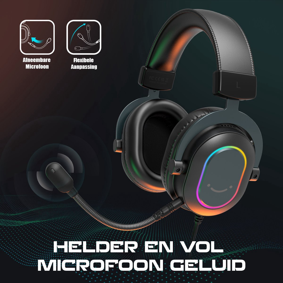 Zwarte gaming headset met een microfoon. De oortelefoon heeft een regenbooglicht en een smiley. De achtergrond is donkerblauw.