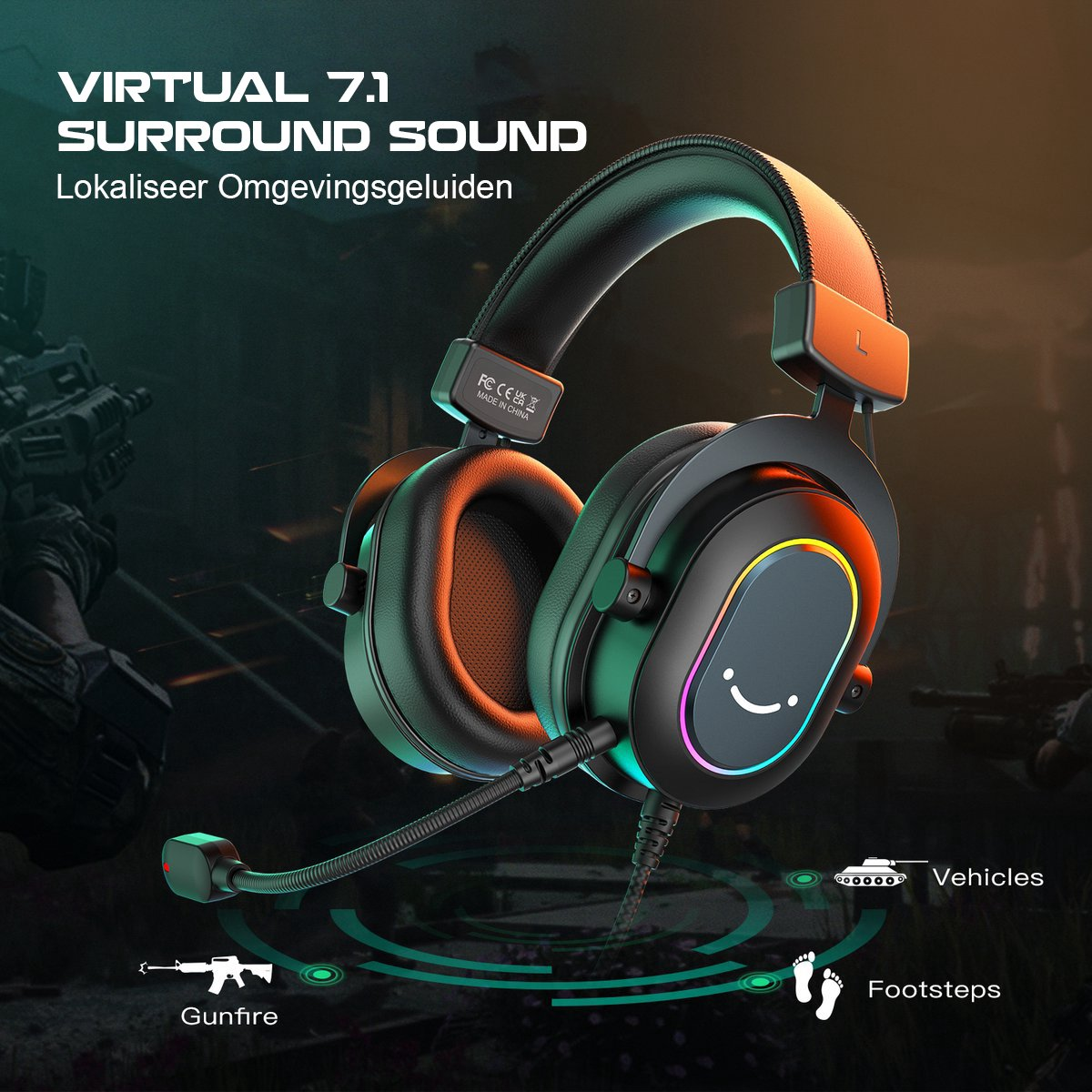 Zwarte gaming headset met oplichtende randen en een microfoon. Tekst geeft virtueel surround sound aan. Pictogrammen voor geweerschoten, voertuigen en voetstappen.