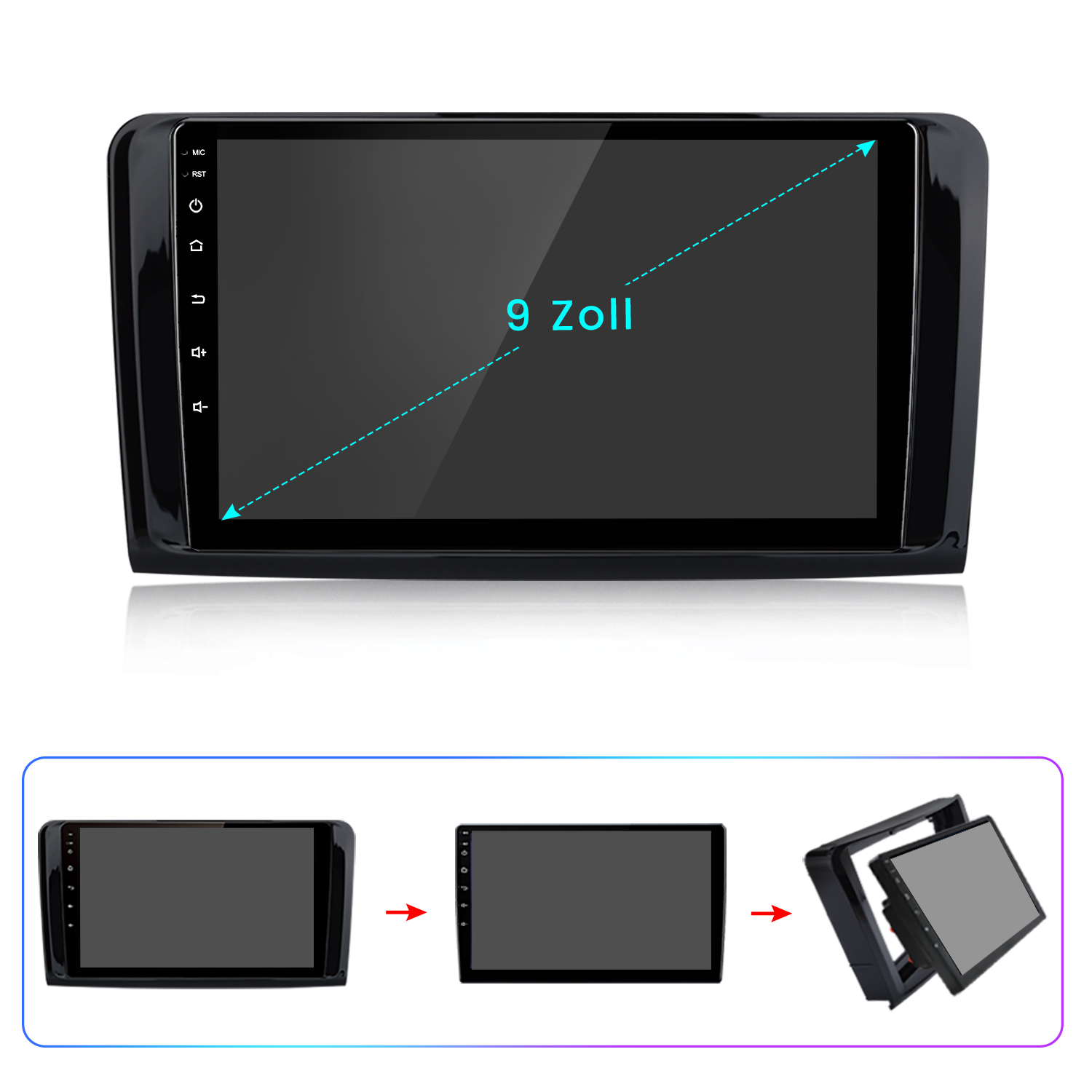 Autoradio mit 9-Zoll-Bildschirm. Das Autoradio ist schwarz, mit mehreren Knöpfen an der Seite. Das Bild zeigt den Einbau des Radios.