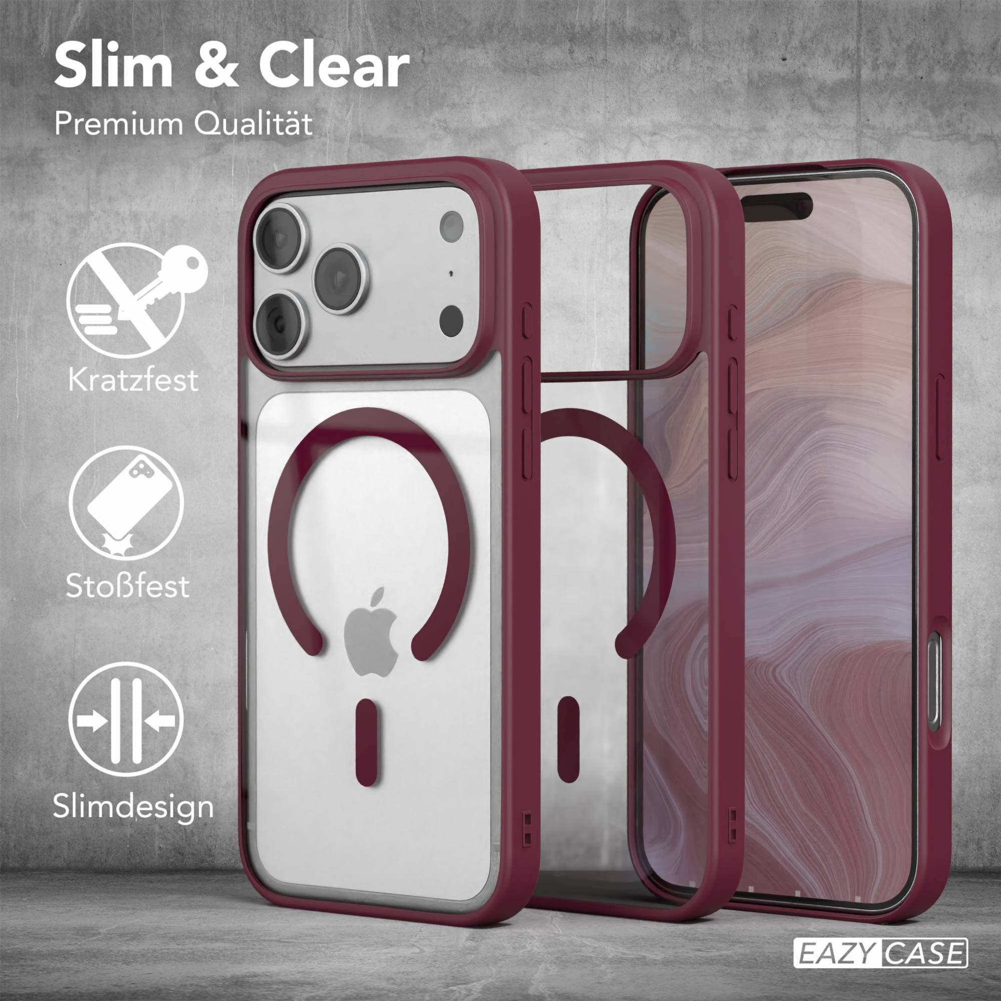 Transparente Handyhülle mit burgunderfarbenem Rahmen und Apple-Logo. Der Text auf dem Bild lautet 'Slim & Clear' und 'EAZY CASE'.