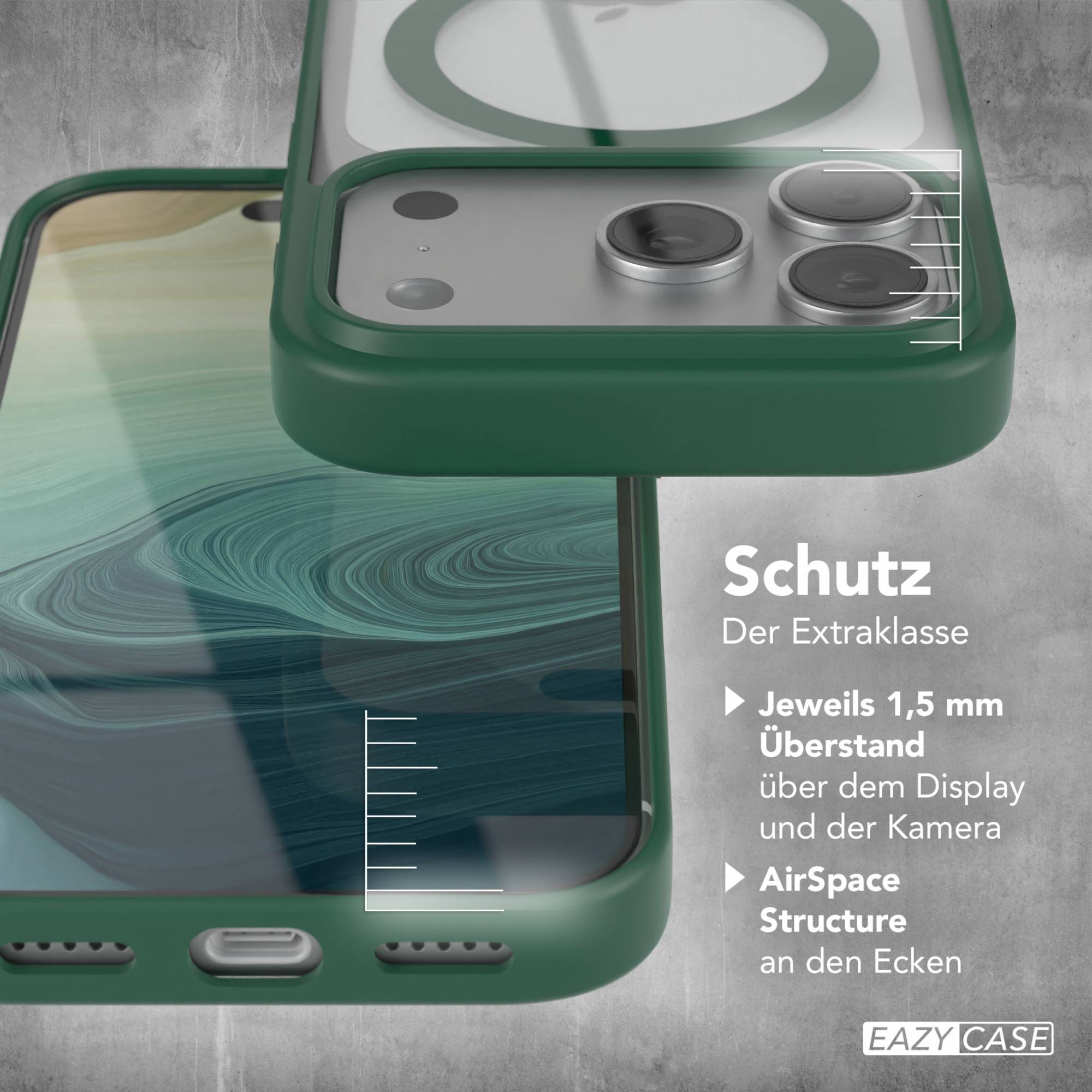 Eine grüne Handyhülle mit Telefon. Text zeigt die Eigenschaften der Hülle. Die Hülle befindet sich auf grauem Hintergrund.