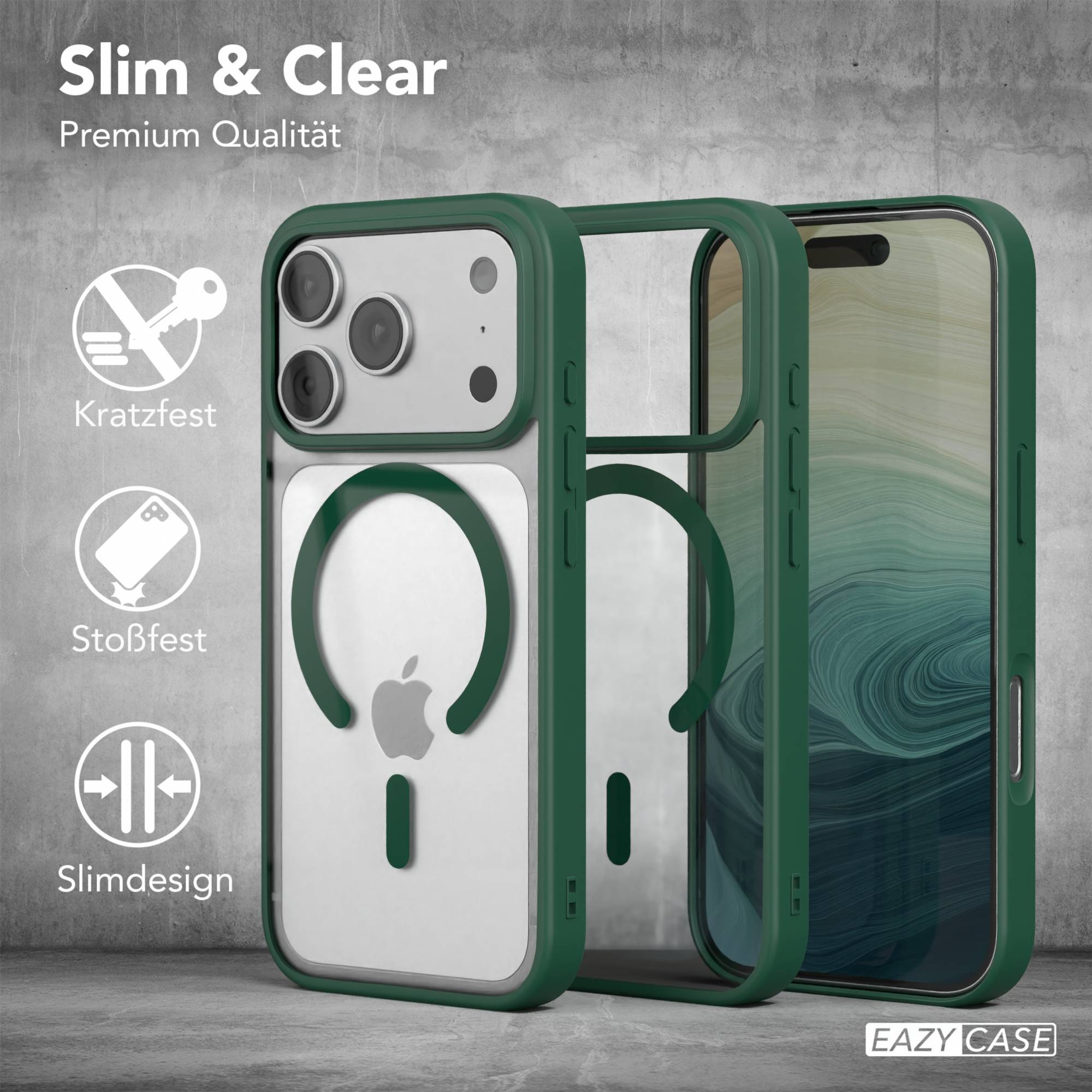 Grüne Handyhüllen, eine klar, eine mit Apple-Logo und eine zusammengebaut, vor grauem Hintergrund. Text: Slim & Clear.