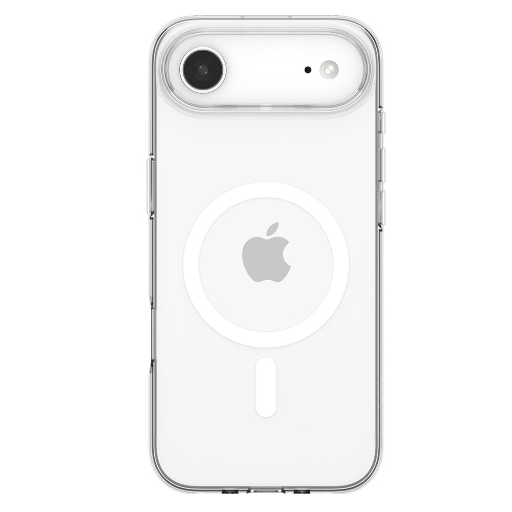 Una custodia trasparente per telefono con il logo Apple. Ha una fotocamera e un cerchio magnetico sul retro. La custodia è trasparente.