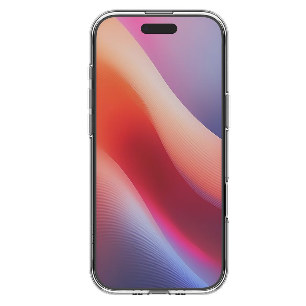 Una custodia trasparente per telefono, con un telefono all'interno. Il telefono ha uno schermo colorato con linee ondulate. La custodia è trasparente.