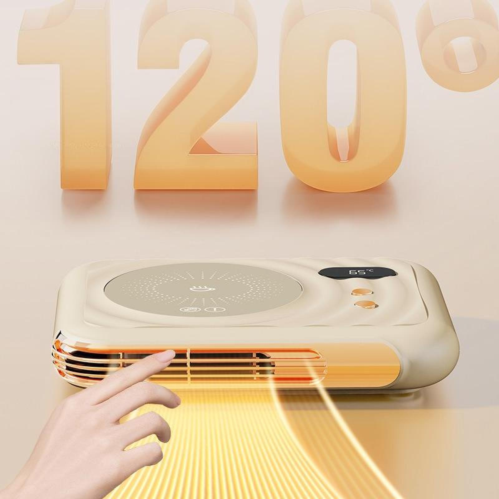 Eine Hand berührt eine beige Schreibtischheizung mit der Aufschrift 120°. Die Heizung hat eine Digitalanzeige mit 65°C.