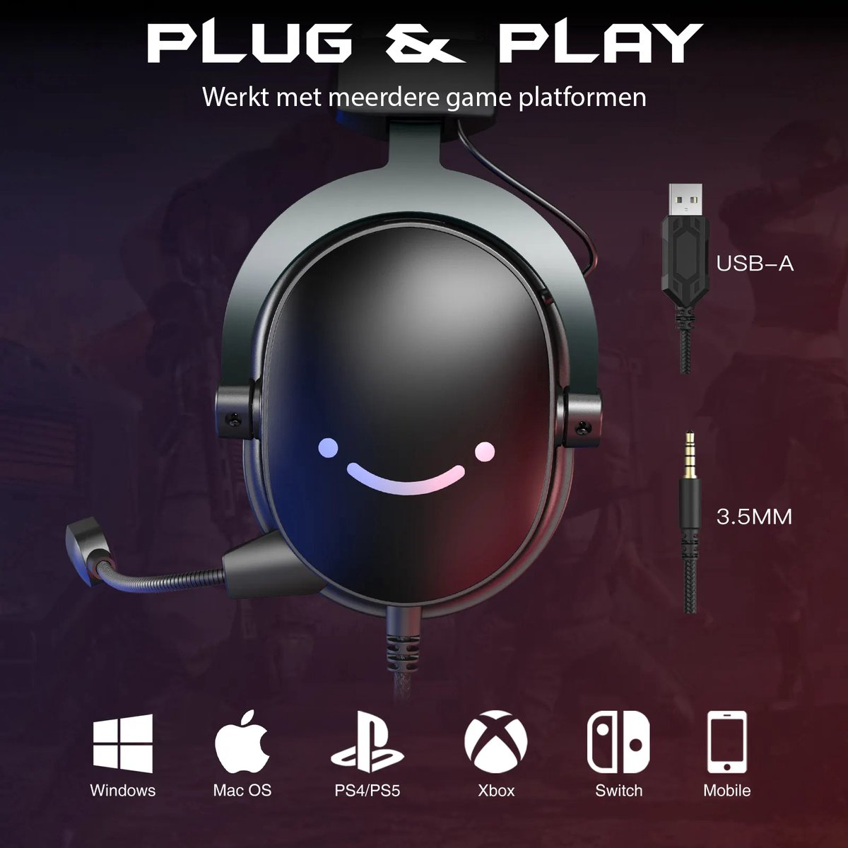 Black gaming headset with a smiling face design. Includes USB-A and 3.5mm connectors. Compatible with multiple platforms like Windows, Mac, and consoles.