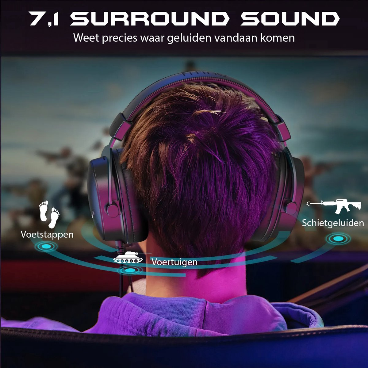 A person wearing headphones, the back of their head is visible. Text indicates 7.1 surround sound and sound directions.