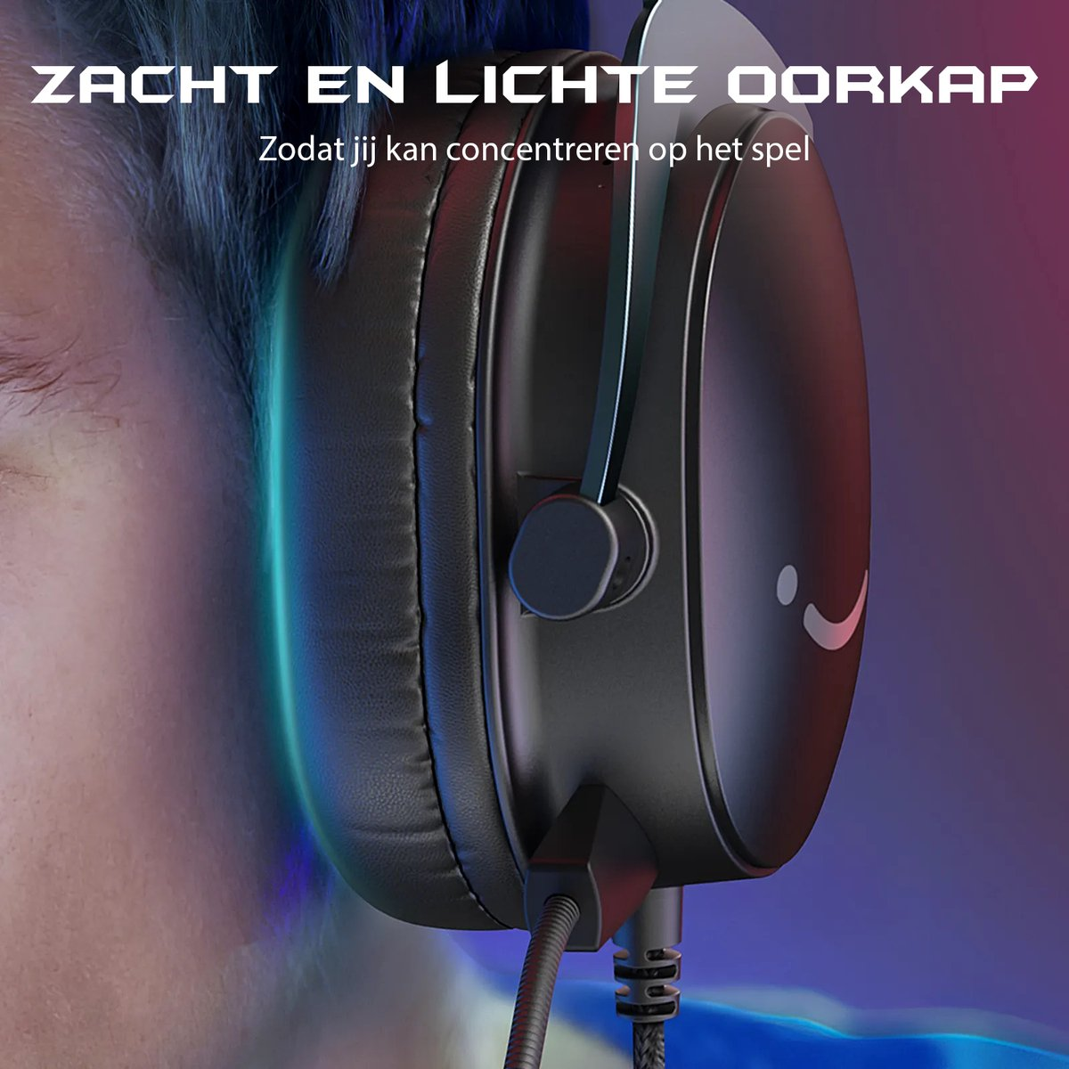 A close-up of a black gaming headset on a person's head. The headset has a glowing blue light and a smiling face logo.