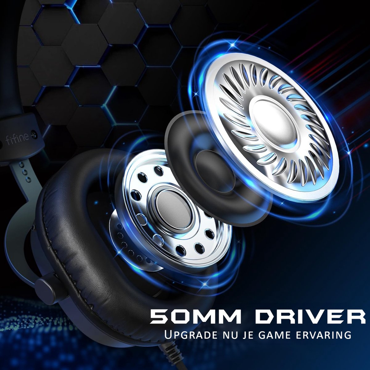 Close-up of a black gaming headset with exposed speaker components, highlighting the 50mm driver and a blue-lit background.