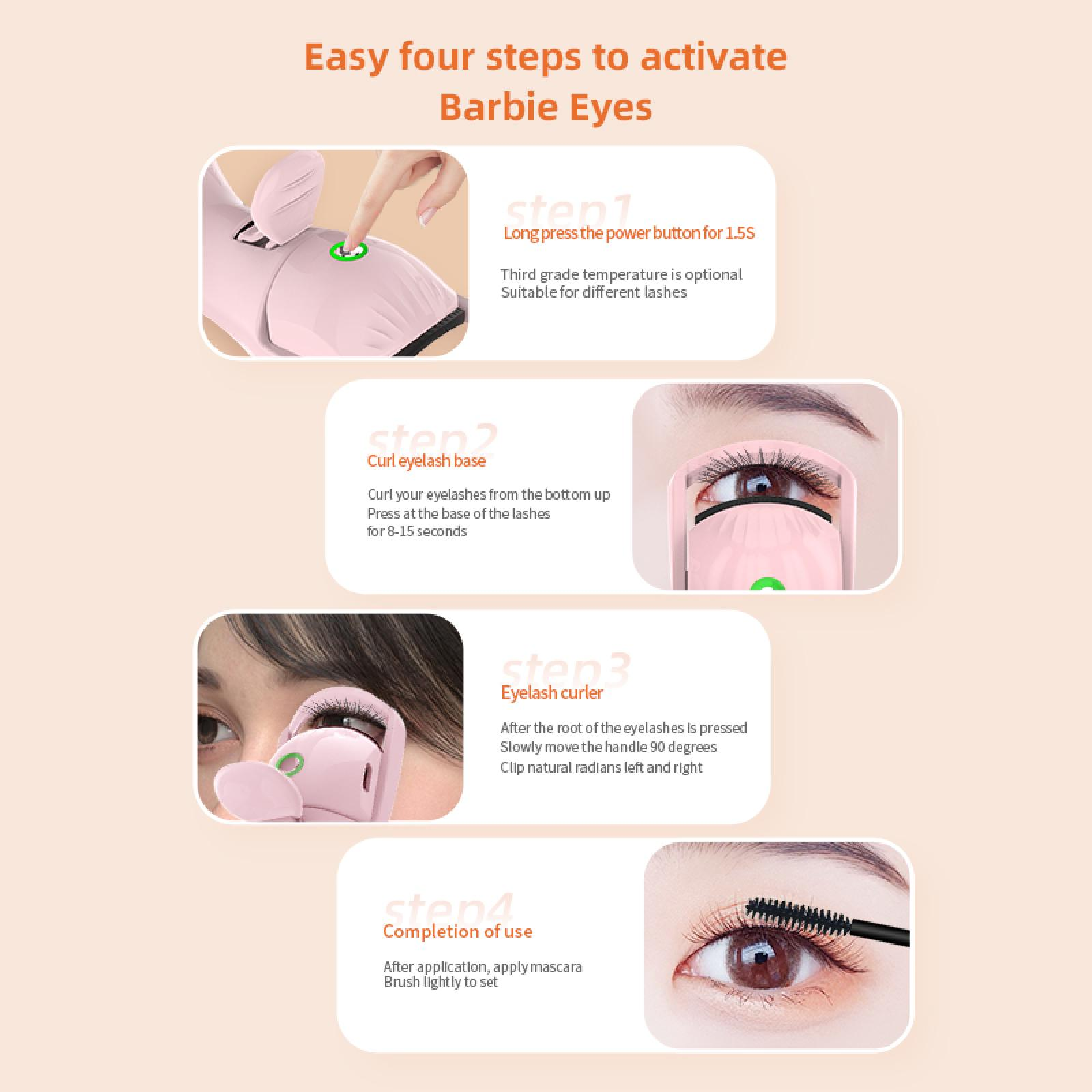 Das Bild zeigt 4 Schritte zur Verwendung einer Wimpernzange. Schritt 1: Drücken Sie die Power-Taste. Schritt 2: Wimpern locken.